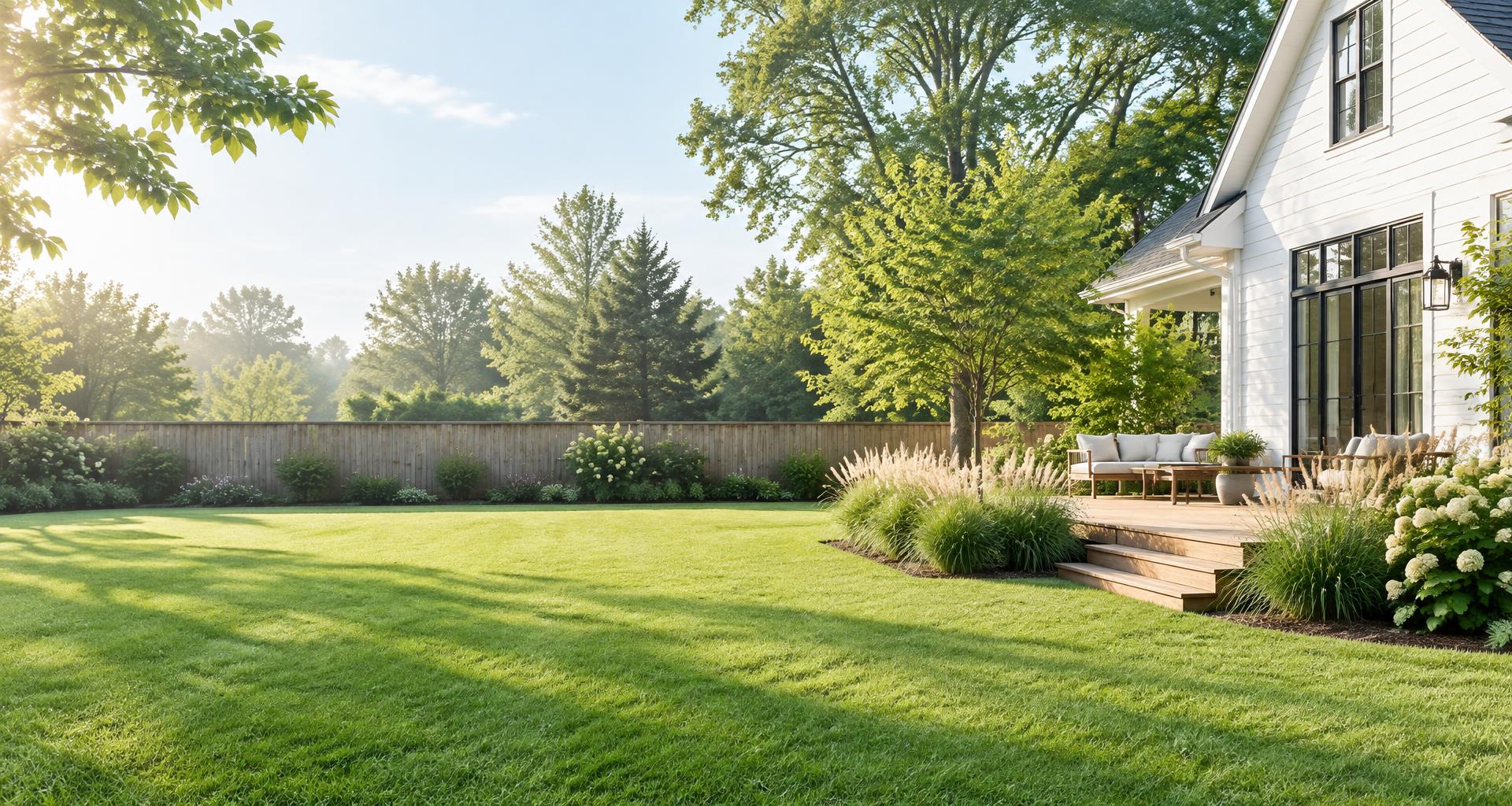 A green backyard beside a white home